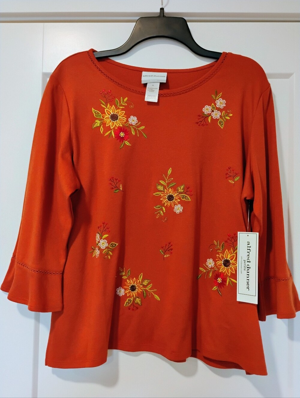 NWT PL Alfred Dunner Petites Classics Rust Embroidered Sunflower 3/4 Sleeve Top